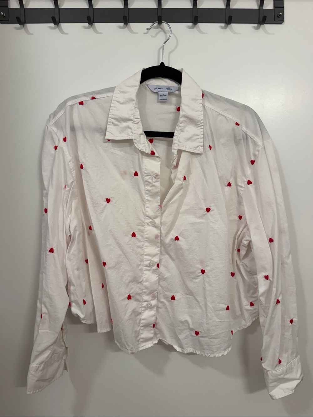 Old Navy White Button-Down Shirt with Red Heart Motif